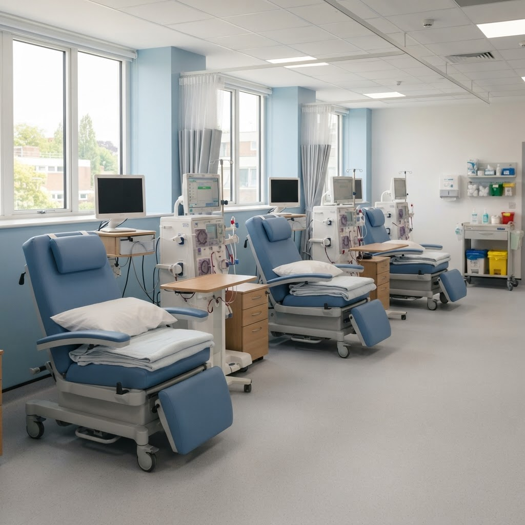 Row of clean dialysis treatment chairs and machines