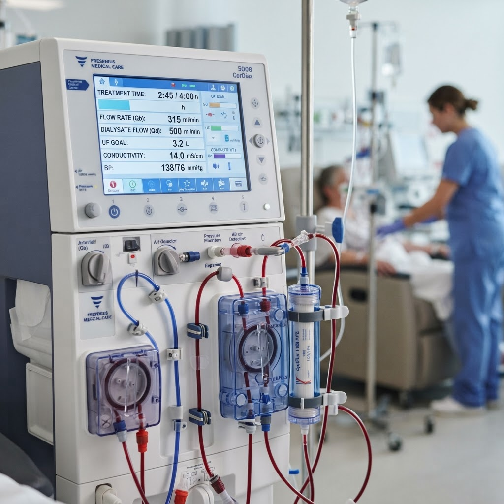 Close-up of a modern hemodialysis machine with digital display
