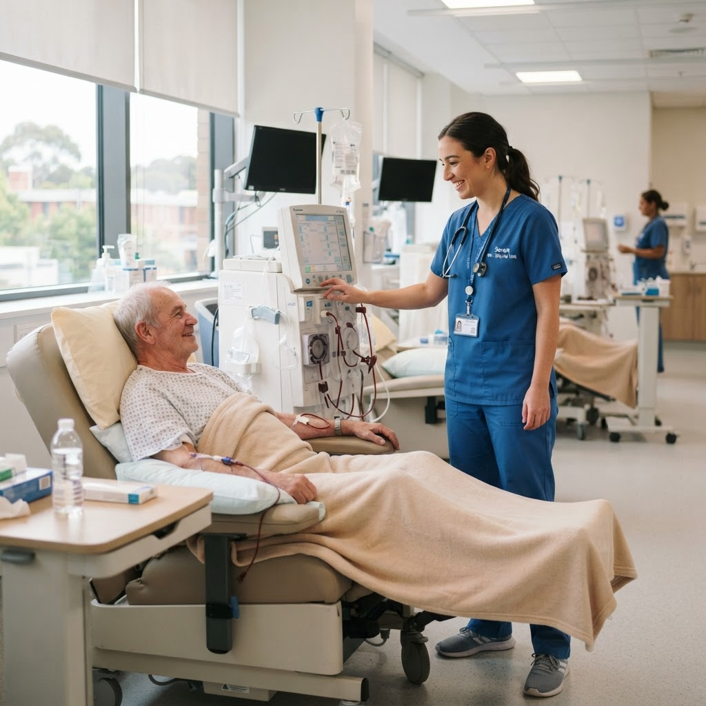 Nurse assisting a patient during a dialysis session