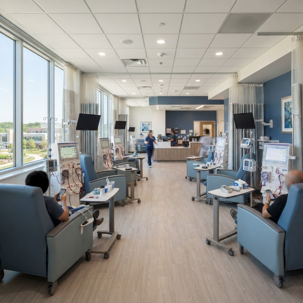 Dialysis unit with rows of treatment chairs and machines